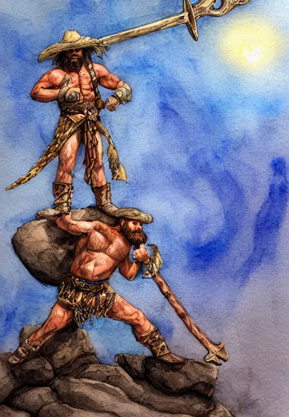 Image similar to randy savage with an anchor weapon slung over his shoulder and foot heroically on a boulder posing alone in desolate wasteland | portrair | fantasy watercolour painting | middle earth | conan | darksun | d & d dungeons and dragons | barbarian