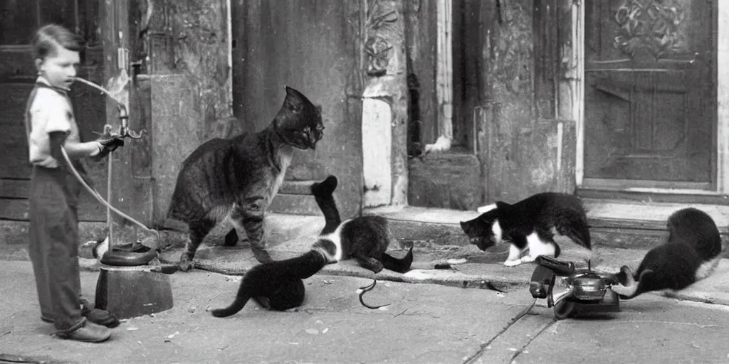 Prompt: stunning old black and white photo of very serious cats have absolutely no idea how to use old rotary telephones and decide to knock them over in frustration, very funny and ironic, humor, film grain 1903