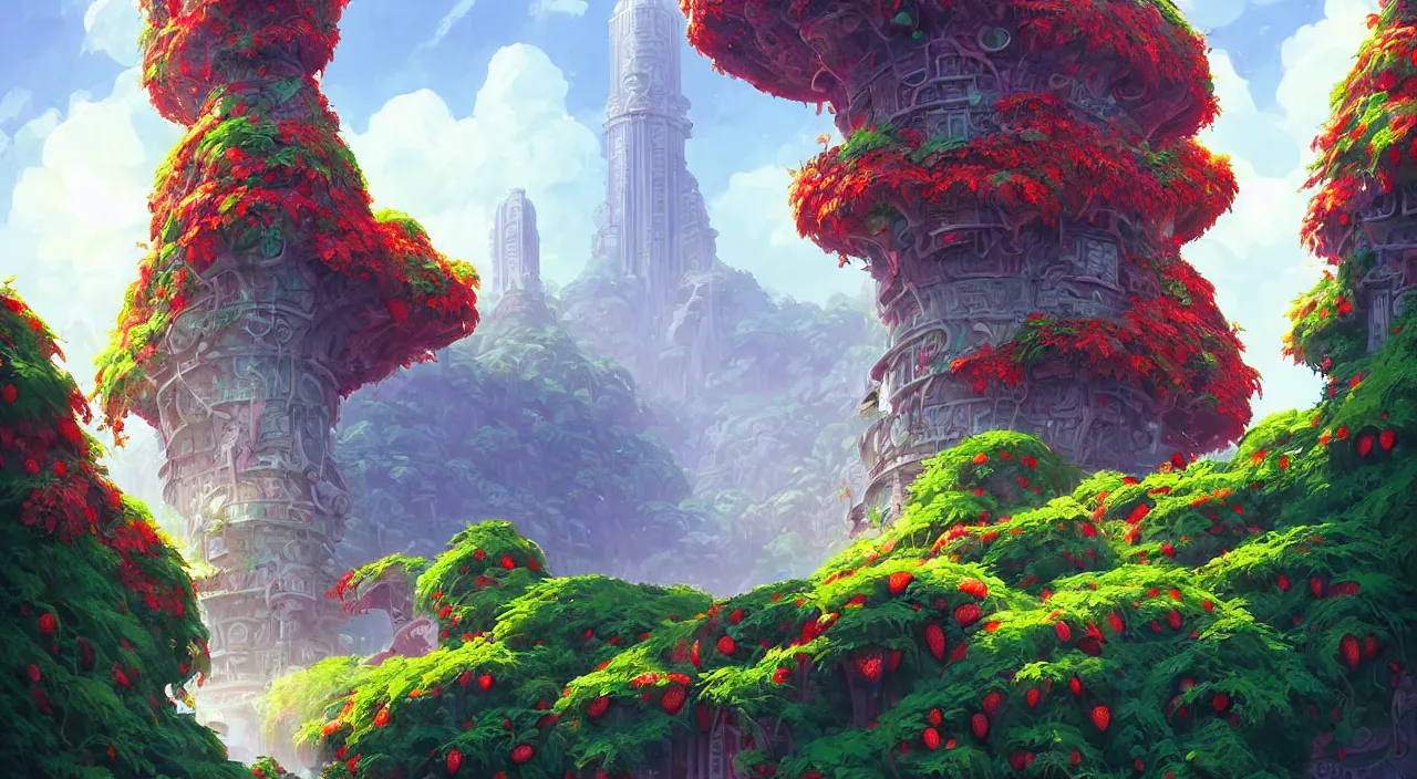 Prompt: Strawberry bushes fall time futuristic temple of olympus glory sci-fi city of Atlantis hill valley grec greeble wood bridge painting of tower ivy plant in marble , behance hd by Jesper Ejsing, by RHADS, Makoto Shinkai and Lois van baarle, ilya kuvshinov, rossdraws global illumination