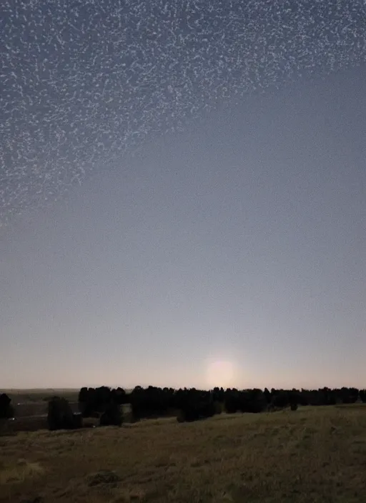 Prompt: a giant in the distance, a murmuration in the sky as a solar eclipse happens