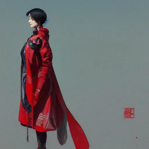 Image similar to full body long shot of Japanese female wearing red futuristic jacket and shorts, highly detailed, digital painting, artstation, concept art, sharp focus, illustration, art by greg rutkowski and alphonse mucha