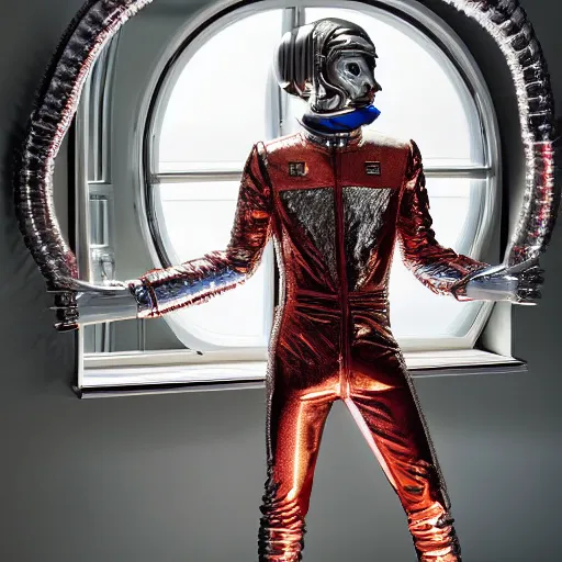 Image similar to architectural digest portrait photo, inside a futuristic ornate rococo bedroom made out of shiny reflective chrome and rubber and exotic woods, huge window showing a distant colorful planet, futuristic android with limbs made out of stretchy rubber tubing and latex mixed with shiny chrome gauntlets and chest piece and mask