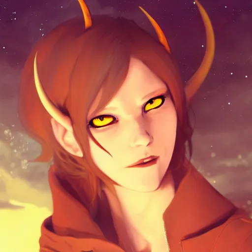 Prompt: a pale redheaded demoness with yellow eyes and horns wearing a jacket, dark spot around eye, highly detailed, galaxy background, digital painting, artstation, matte, by makoto shinkai, animation style