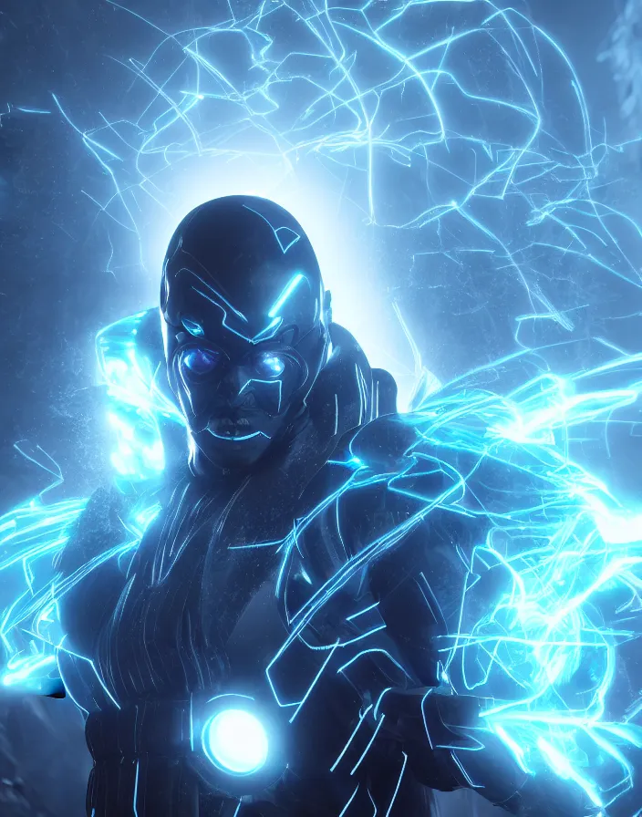 Image similar to electro storm supervillain, character design, radiating energy, mist, fog, photo realistic, octane render, unreal engine, hyper detailed, volumetric lighting