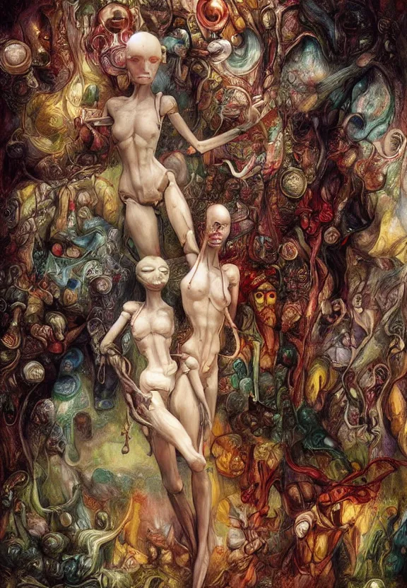 Image similar to simplicity, colorful muscular eldritch mannequins dolls radiating town fractal, white bones, colorful gems, by h. r. giger and esao andrews and maria sibylla merian eugene delacroix, gustave dore, thomas moran, pop art, chiaroscuro, biopunk, art nouveau