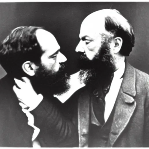 Image similar to Karl Marx and Sigmund Freud hugging and kissing, 1920, Bedroom backround