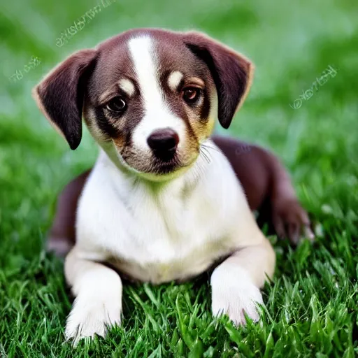 Prompt: adorable green puppy on grass