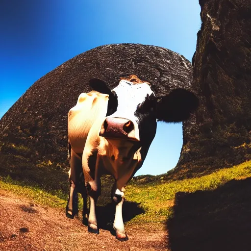 Image similar to a photo of a cow standing on black rocks, fisheye lens