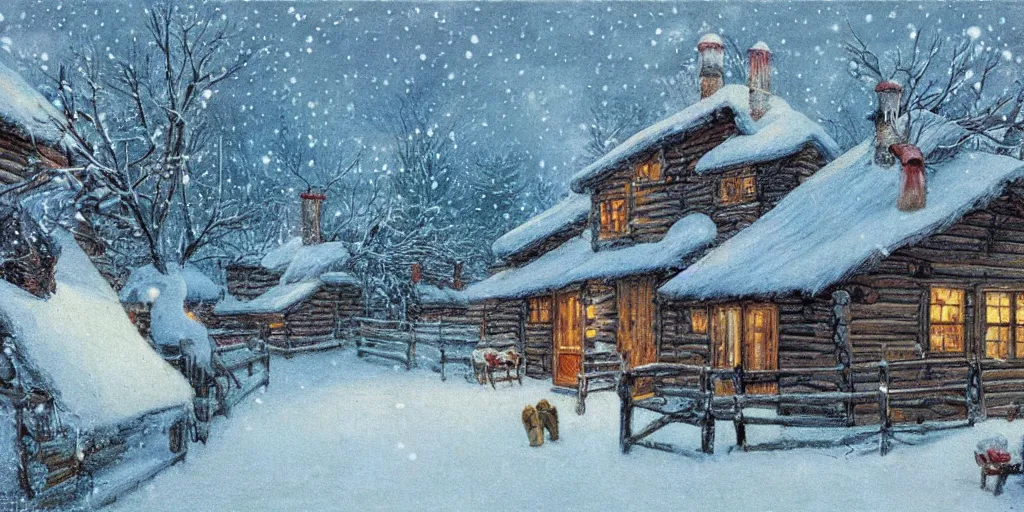 Prompt: a warm cabin in the snow, winter wonderland, cozy, nostalgia, Christmas, warmness, artwork in the style of Alan Lee