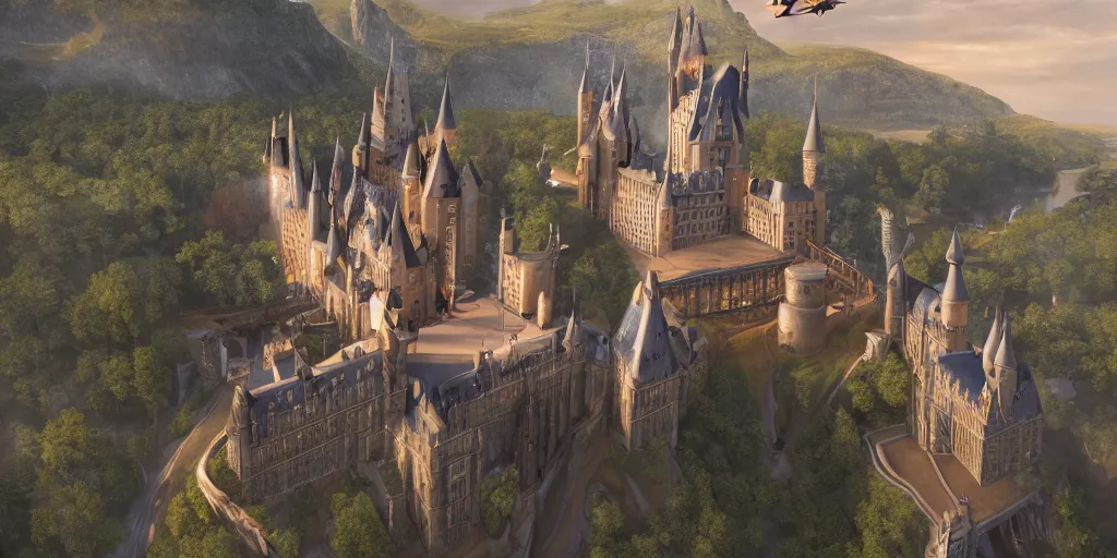 Prompt: The Queen flying on a magic broom over Hogwarts, filmic, hyperrealism, 8K