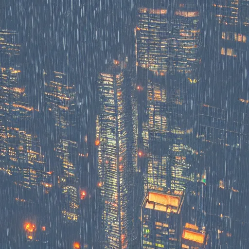 Prompt: a giant skyscraper amidst a slum, raining, cyberpunk style, photograph from above