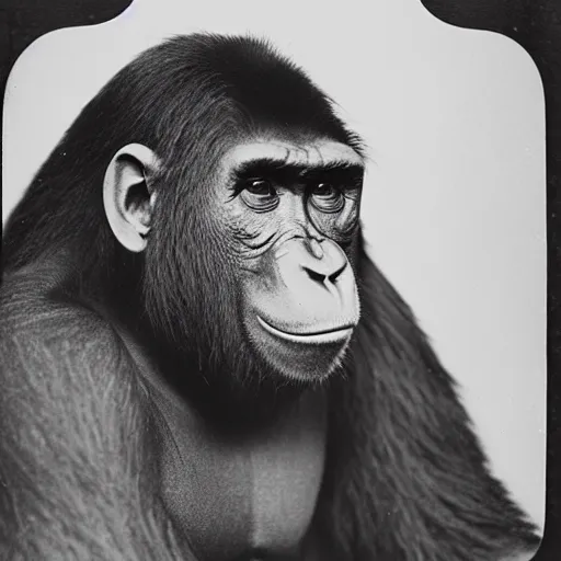 Prompt: 1930s mugshot of an ape holding a rifle, closeup portrait