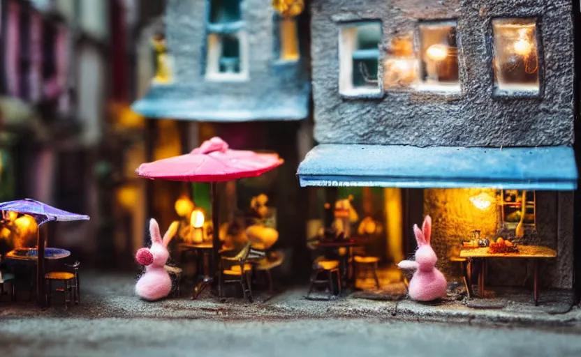 Image similar to miniature cafe diorama, macro photography, cafe with felted bunnies on a date, alleyway, ambient, atmospheric lighting, british, cozy, bokeh, romantic, colorful lanterns, cute decor
