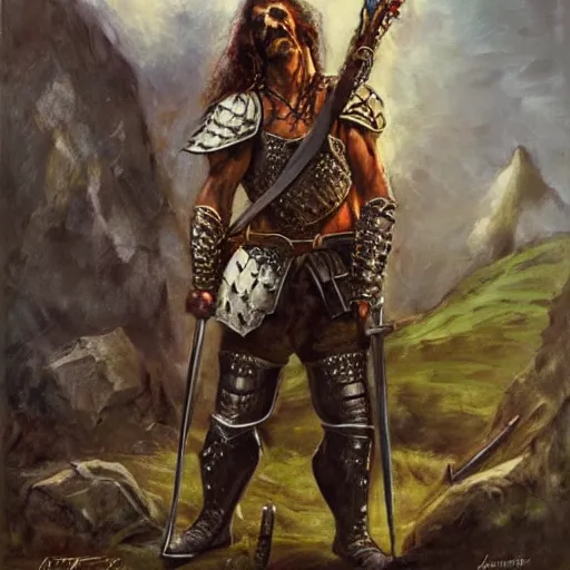 Image similar to portrait of frank zappa wearing armor and holding sword by frank fazetta, fantasy, barbarian