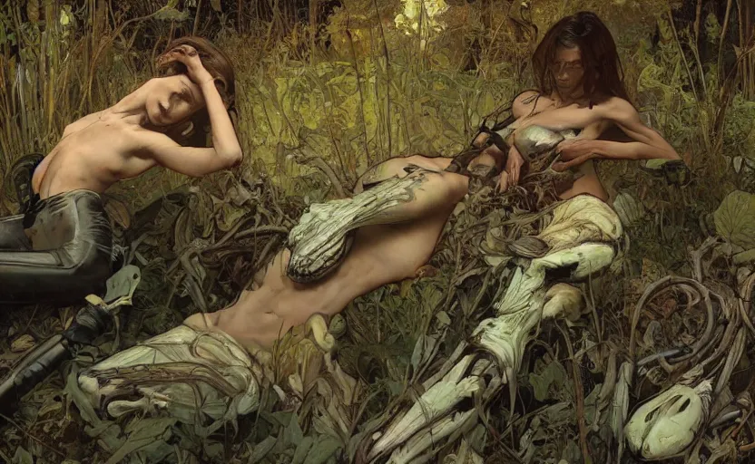 Image similar to digital painting of ovni crash swamp wasteland, alien body parts on the floor, elegant artwork by lee bermejo and greg rutkowski and alphonse mucha