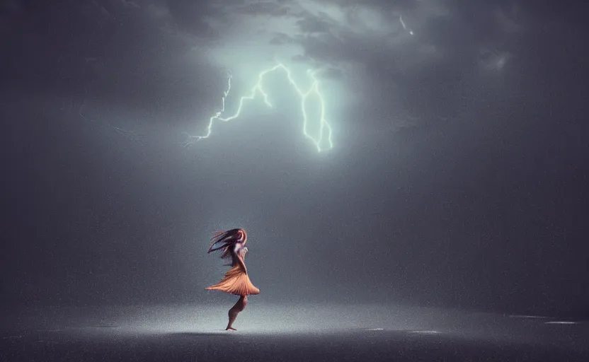 Image similar to a hyperdetailed photorealistic beautiful woman dancing in a thunderstorm, rain, global illumination, volumetric lighting, cinematic framing, cinematic lighting, cinematic shadows, in the style of 2 0 2 2