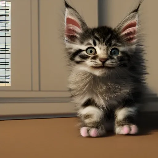 Image similar to eye - level view, a super cute maine coon kitten ate my homework in my room and woke up smart the next day. now the kitten is going to prepare my parents'tax return, hilarious, funny, frenetic high energy, back to school comedy, cg animation, 3 d octane render, imax 7 0 mm, rtx,