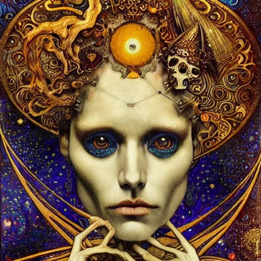 Prompt: Memento Mori by Karol Bak, Jean Deville, Gustav Klimt, and Vincent Van Gogh, beautiful visionary mystical portrait, calavera, otherworldly, fractal structures, ornate gilded medieval icon, third eye, spirals, calavera by Amano