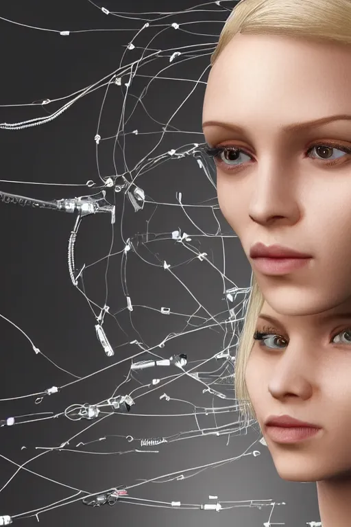 Image similar to robot with human face, female head, full body angle, woman human face, human face realistic, beautiful blonde hair, human head, human head with blonde hair, blonde hair human head, blonde hair, human realistic face, human head skin, cyborg frame concept, cyborg by ales-kotnik, sci-fi android female, the body is made of wires, robotic body, cyborg body, cyborg bust body, robot body cyborg, full body