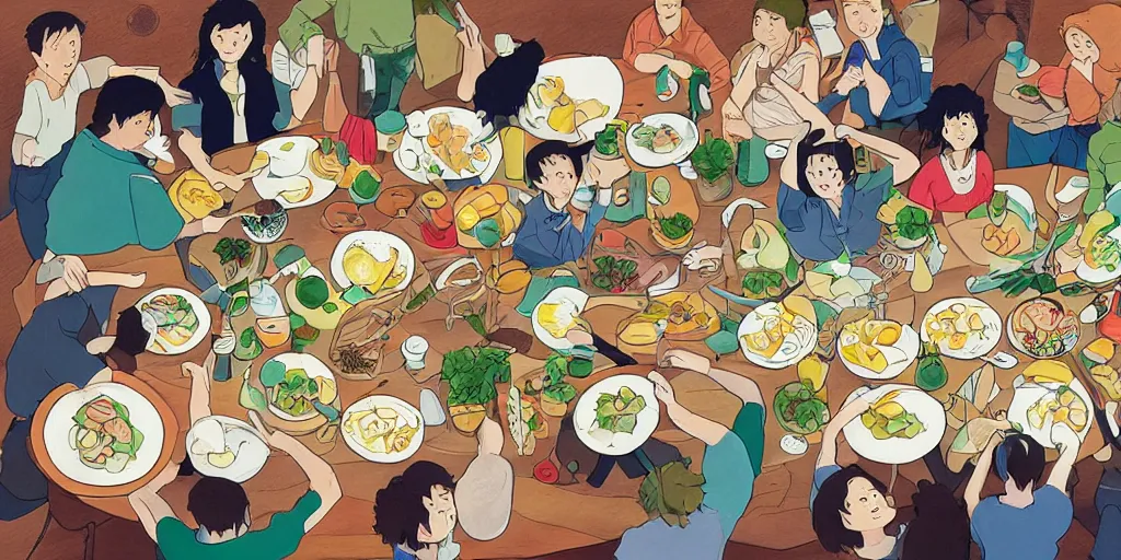 Image similar to drawing of work colleagues of a design studio get together to feast on a big table with lots of food in the style of studio ghibli