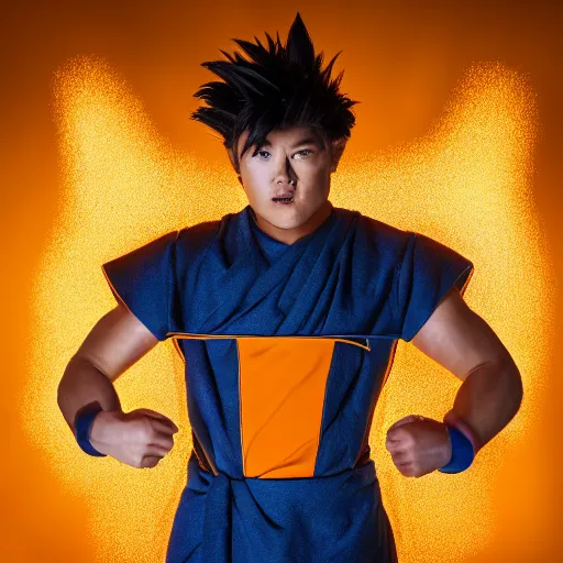 Image similar to portrait of man cosplaying as goku, studio lighting, 8k