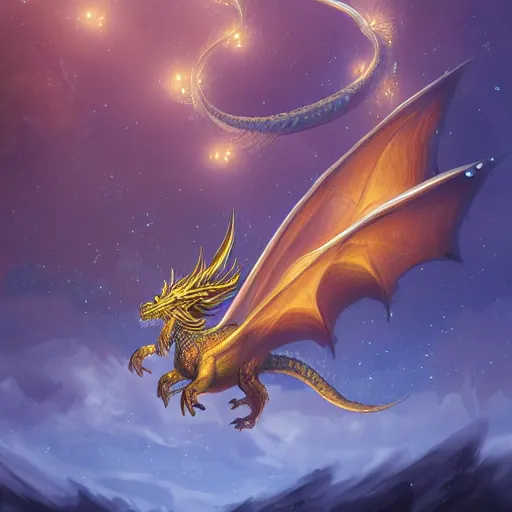 Prompt: a majestic celestial dragon with ((star-patterned)) wings roaring at the night sky, concept art, digital painting, trending on artstation