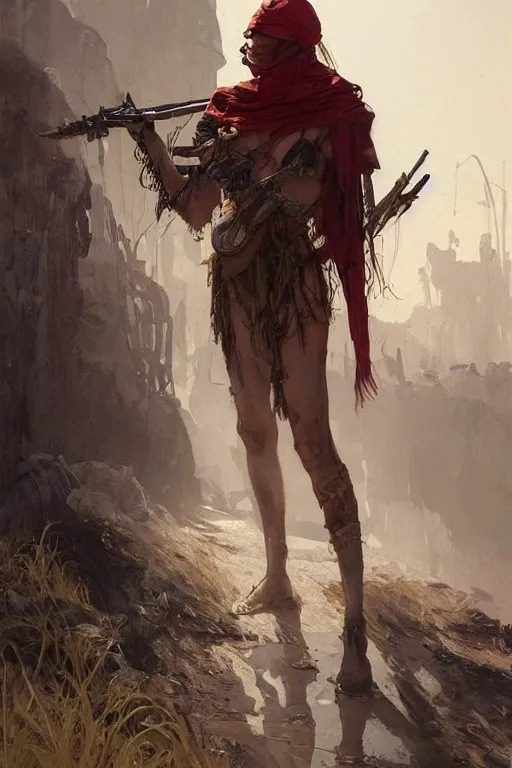 Image similar to a full body portrait of a beautiful post apocalyptic offworld huntsman ’ s quarter bedouin blind pulp fiction scarlet wild rogue barbarian leper begging by the roadside, intricate, elegant, highly detailed, digital painting, artstation, concept art, smooth, sharp focus, illustration, art by krenz cushart and artem demura and alphonse mucha