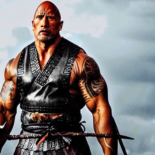 Prompt: a film still of Dwayne Johnson as samurai with spear