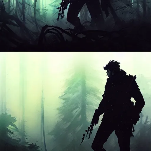 Image similar to man in the desolate forest looking for wifi by Akihito Yoshitomi AND Yoji Shinkawa AND Greg Rutkowski, Mark Arian trending on artstation