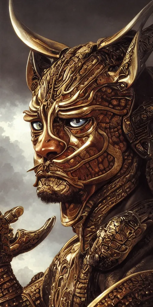 Image similar to liger warrior, close up portrait, dramatic lighting, cinematic lighting, realistic, ultra detailed, fantasy character portrait, ultra realistic, intricate details, highly detailed by william bouguereau, hajime sorayama, aaron horkey