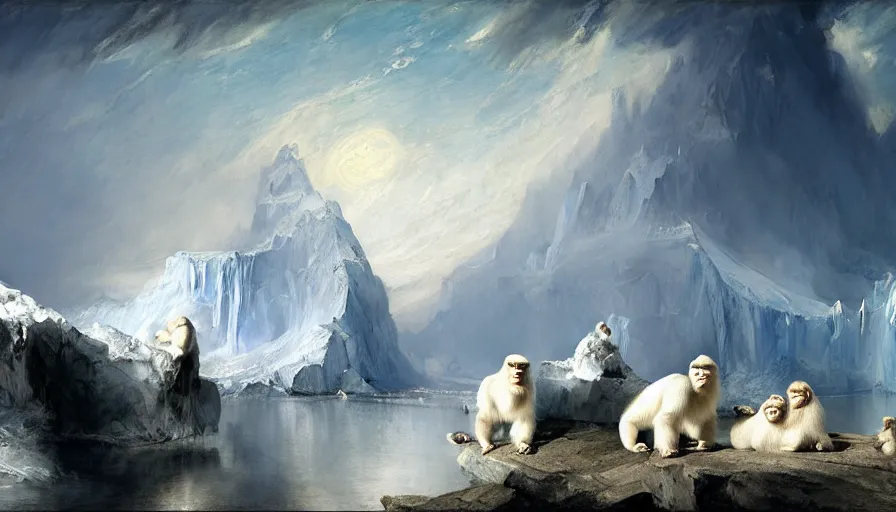 Image similar to highly detailed painting of white giant gorilla cats with large feathered wings on a blue and white iceberg by william turner, by greg rutkowski, by william constable, thick brush strokes and visible paint layers, 4 k resolution