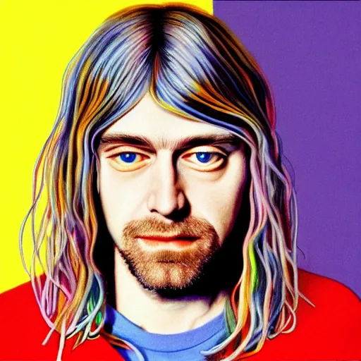 Image similar to colour masterpiece surreal closeup portrait photography of kurt cobain by miho hirano and annie leibovitz and michael cheval, pop art background, 8 k