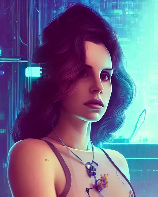 Image similar to portrait of lana del rey as a cyberpunk cyborg. roses, sci - fi, missing panels, intricate abstract, upper body, intricate artwork, by tooth wu, wlop, beeple, dan mumford. concept art, 8 k octane render, deviantart, greg rutkowski, cinematic, key art, hyperrealism, iridescent accents