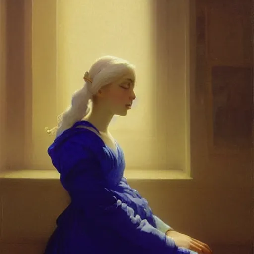 Prompt: a young woman's face, her hair is white and she wears a cobalt blue satin cloak, by ivan aivazovsky and syd mead and moebius and gaston bussiere and roger dean and pieter claesz and paul delaroche and alma tadema and willem claesz and gerard ter borch, hyperrealistic, volumetric light