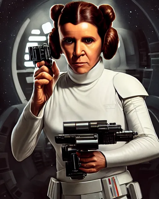 Prompt: portrait of princess leia on the millennium falcon, star wars, gta v, hyper realistic, glamorous pose, ambient lighting, concept art, intricate, hyper detailed, smooth, action, volumetric lighting, george lucas, arney fretag, ralph mcquarrie, octane