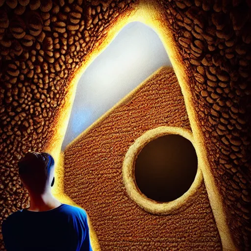 Image similar to man living inside a bread seen from outside, hyper detailed