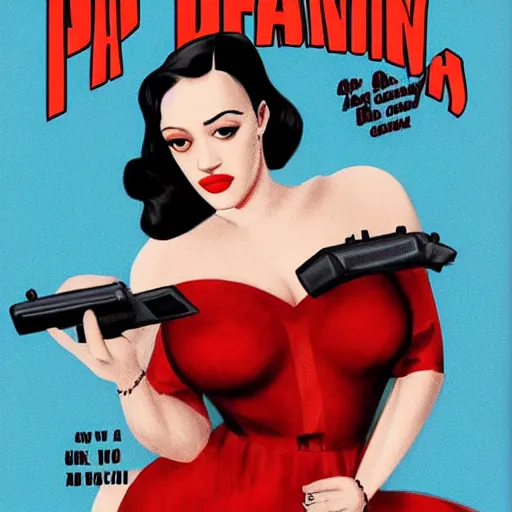 Prompt: A Pulp Noir book cover featuring a portrait of featuring Kat Dennings looking at camera, medium close up, by Ross Tran