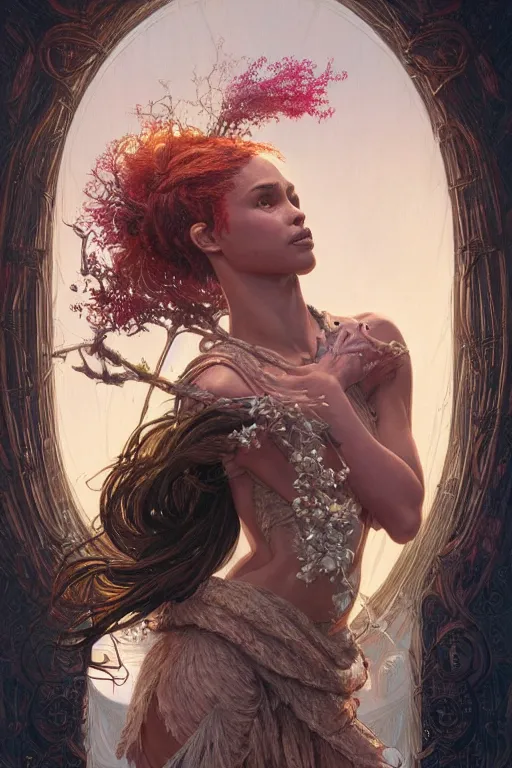 Image similar to ultra realistic illustration, zoe kravitz as persephone, intricate, elegant, highly detailed, digital painting, artstation, concept art, smooth, sharp focus, illustration, art by artgerm and greg rutkowski and alphonse mucha