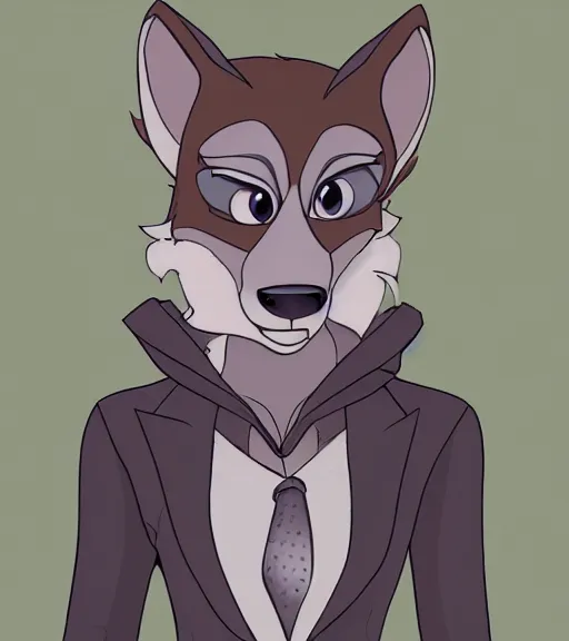 Prompt: bust of anthromorphic female wolf, in style of zootopia, zootopia, zootopia, fursona, furry, furaffinity, 4 k, deviantart, furry art, fursona art, wearing black business suit, business suit, in style of zootopia, wolf fursona, cyberpunk, female, expressive detailed feminine face,