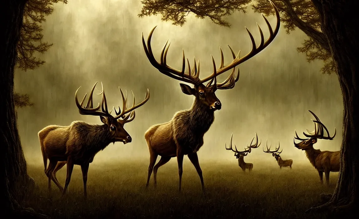 Image similar to epic professional digital art of antlered herbivores, faint golden moody atmospheric lighting, painted, intricate, detailed, detailed, foreboding, by leesha hannigan, wayne haag, reyna rochin, ignacio fernandez rios, mark ryden, iris van herpen,, epic, stunning, gorgeous, much wow, cinematic, masterpiece.