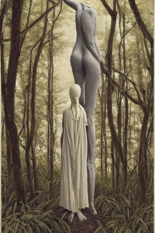 Image similar to portrait of slenderman standing in a deserted playground in the woods, by frantisek kupka, intricate, miles johnston, kuroda seiki, cynical realism, ozabu, john william godward, painterly, yoshitaka amano, moebius, miles johnston, louise zhang, james jean, mark ryden