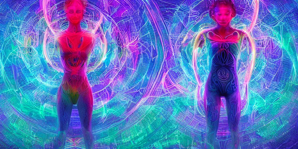 Prompt: transcendence into collaborative intelligence, endless collaboration with ai, connectedness, body, by alex grey, award winning, beautiful, colorful, volumetric lighting, trending on artstation, cinematic