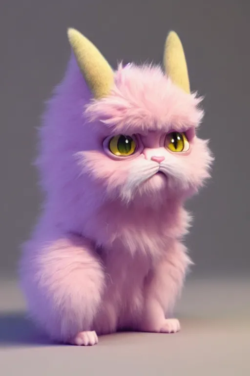 Image similar to high quality 3 d render hyperrealist very cute pastel fluffy! grumpy gargoyle cat hybrid, vray smooth, in the style of detective pikachu, hannah yata charlie immer, dramatic pink light, low angle, uhd 8 k, sharp focus