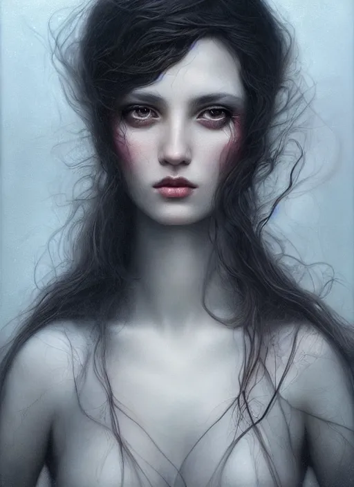 Image similar to hyper realistic, detailed portrait, close - up, dark witch, painting by tom bagshaw, smooth, sharp focus