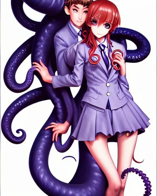 Prompt: a beautiful and cute prep highschool student with tired eyes is happy to be embraced by a tentacle demon. beautiful shadowing. masterfully illustrated 3D manga art in contrasting color by Artgerm and Range Murata.
