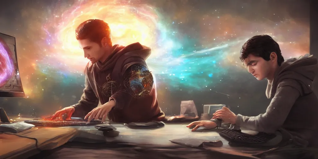 Image similar to a young mage creating a universe in his PC, a male mage in his 20s with black hair sitting in front of wide monitor, hands on a keyboard. hyperrealistic, extremely detailed, award-winning art, trending on Artstation
