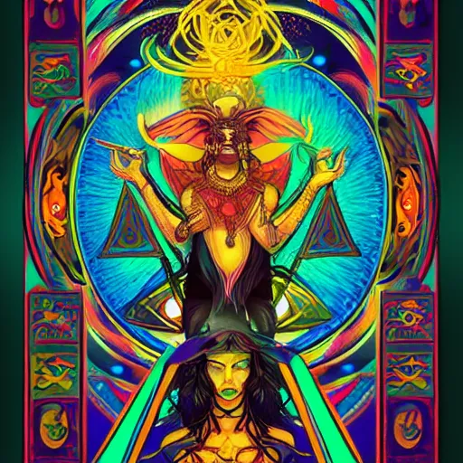 Prompt: tarot, shamanic, beautiful colors, psychedelic, tantric, souls, magic, mesmerizing, sharp foccus ilustration, artstation hq, in style of donglu yu