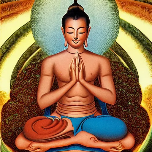 Prompt: detailed illustration of a contented peaceful bodhisattva, praying meditating, by boris vallejo