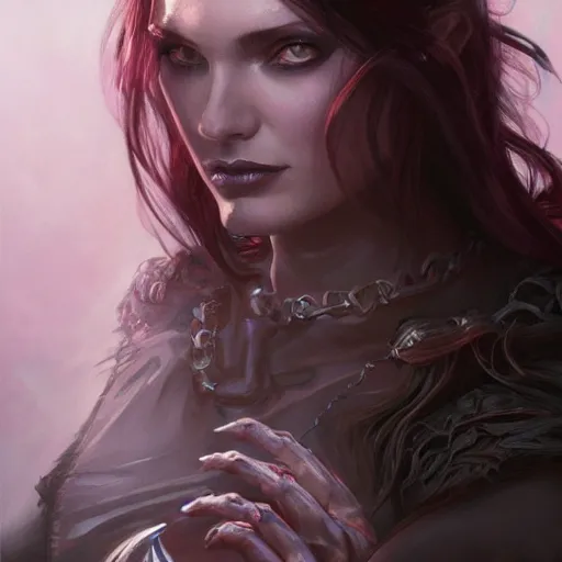 Prompt: portrait of a evil witch with scary eyes, soft hair, muscular, half body, leather, hairy, d & d, fantasy, intricate, elegant, highly detailed, digital painting, artstation, concept art, smooth, sharp focus, illustration, art by artgerm and greg rutkowski and alphonse mucha