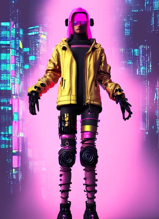 Prompt: cyberpunk photorealistic character, tech wear outfit, pink and yellow, edgy, awe inspiring, artstation hd, 8 k, detailed, intricate, ornate, studio lights, golden ratio, masterpiece